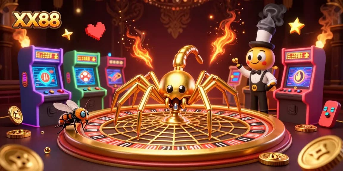 Engage in thrilling betting action at XX88 with a vibrant roulette-inspired scene featuring a golden spider and centipede croupier.