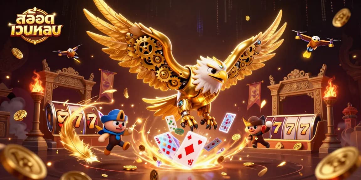 Engage in thrilling action at สล็อตเว็บตรง with a dynamic 3D scene of a golden eagle amidst vibrant gambling elements.