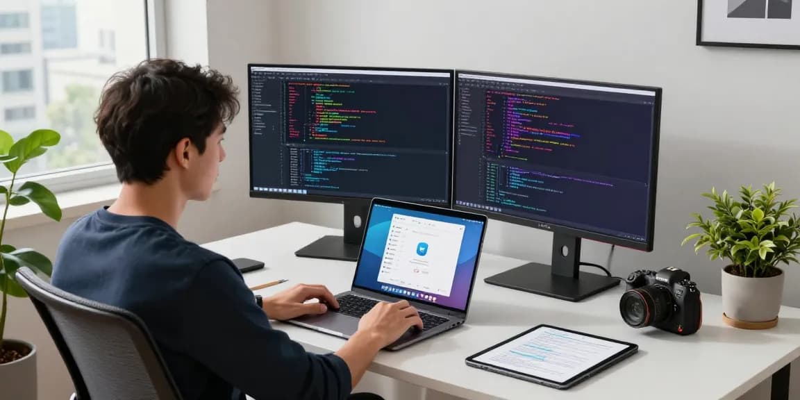 Developer using Telegram Web Version on laptop in a modern workspace with tech gadgets.