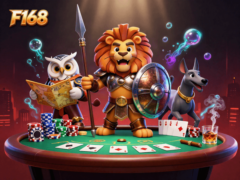 Engage in dynamic table play at F168 with a Spartan lion, strategic owl, and swift greyhound depicted in a vibrant casino scene.