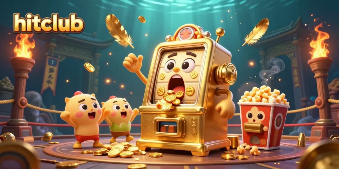 hitclub showcases a gold slot machine celebrating a jackpot, surrounded by cheering machines and vibrant casino elements.