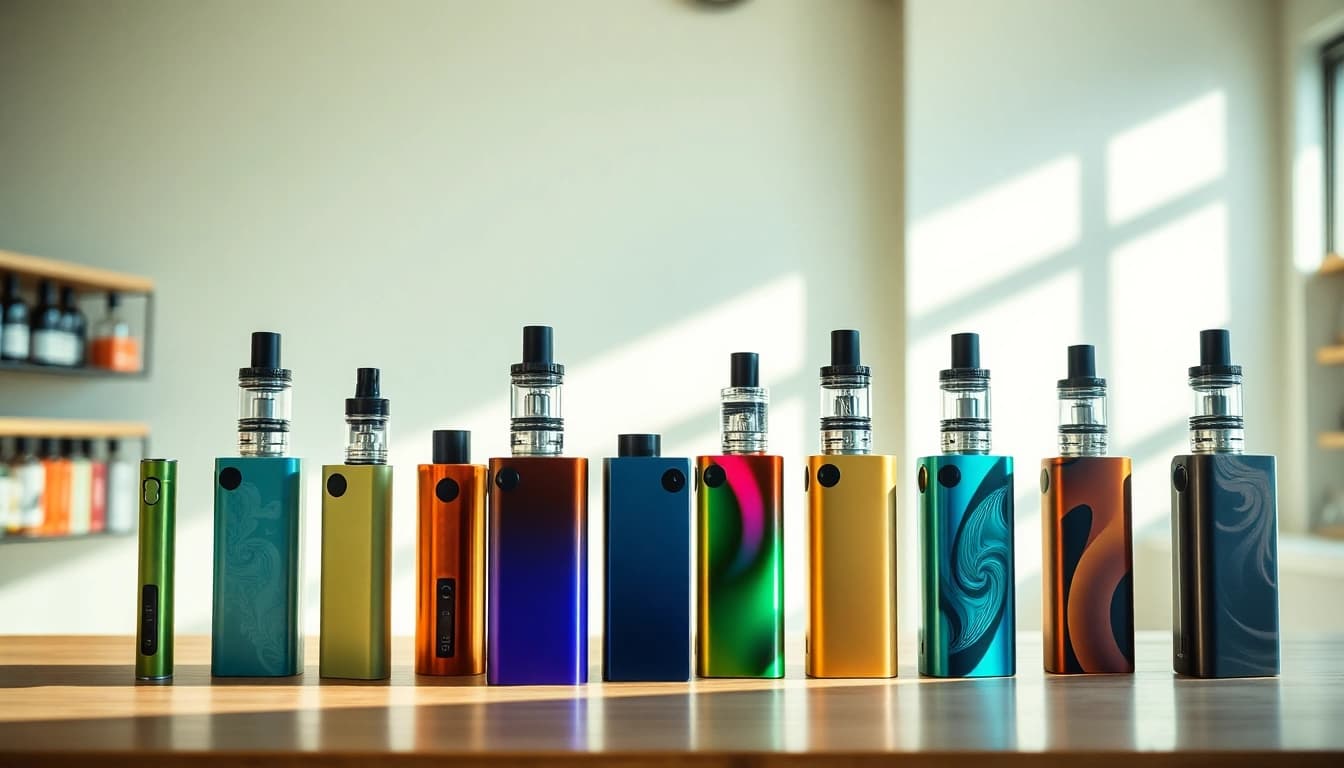 Explore vibrant selections of thc vape uk devices arranged creatively in a modern setting.