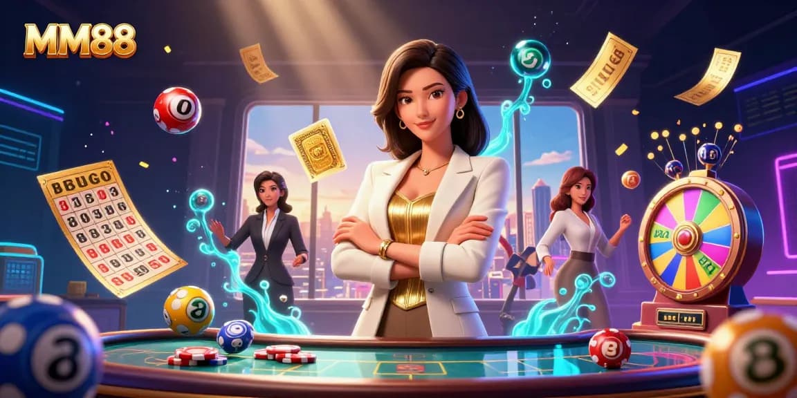 Experience the excitement of MM88 with a glamorous Asian businesswoman showcasing her poker skills in a vibrant casino.