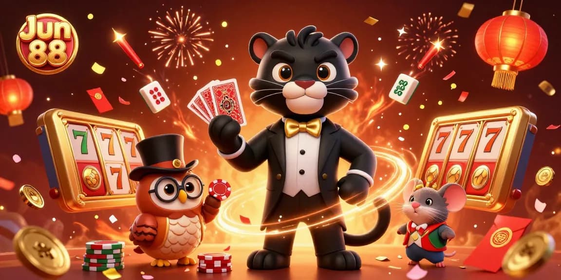 Join the Jun 88 celebration as the panther deals cards amidst glory and excitement in vibrant casino style.