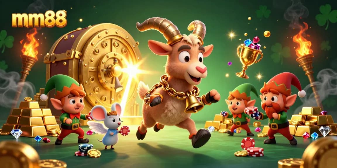 Win big with mm88 in a lively casino scene featuring festive characters and treasures.