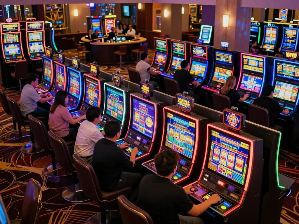 Players engaging with vivid slot machines in a lively casino setting showcasing situs slot gacor excitement