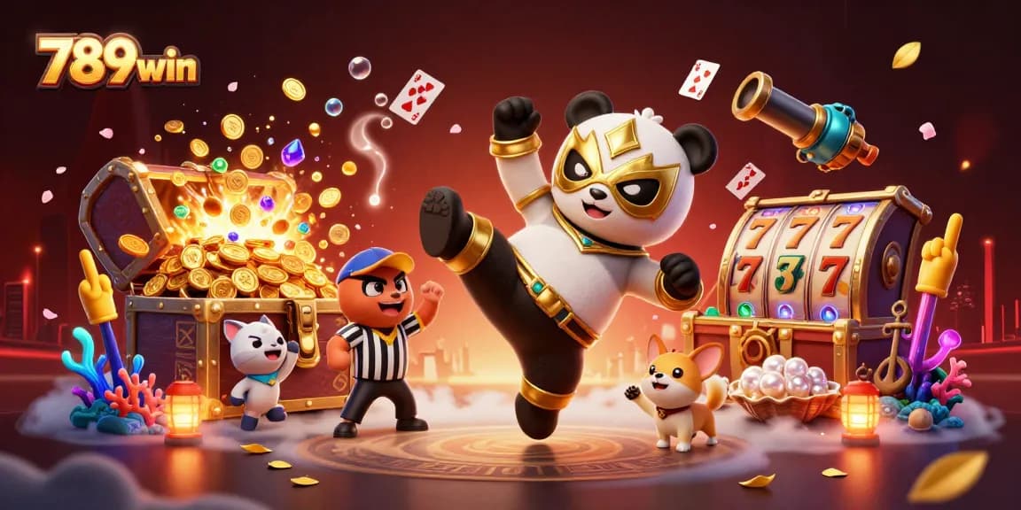 Engage with 789win’s vibrant casino scene featuring a panda wrestler and cheering animal crowd.
