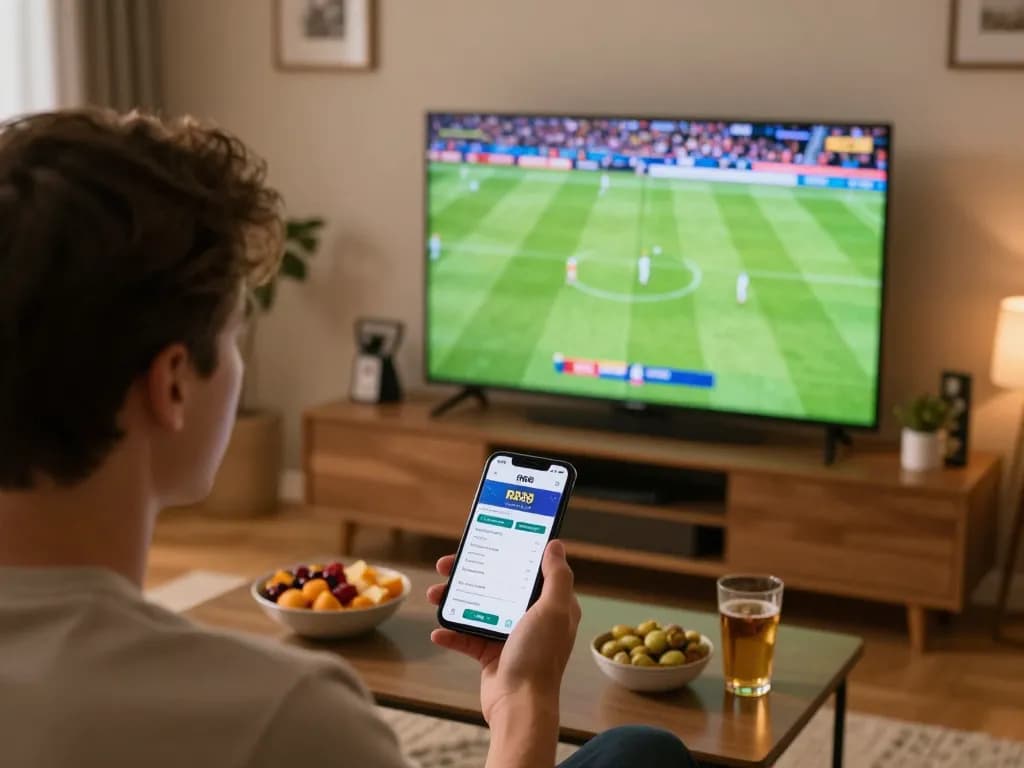 Betting on live sports with RR88 app during an exciting match from a cozy home setup