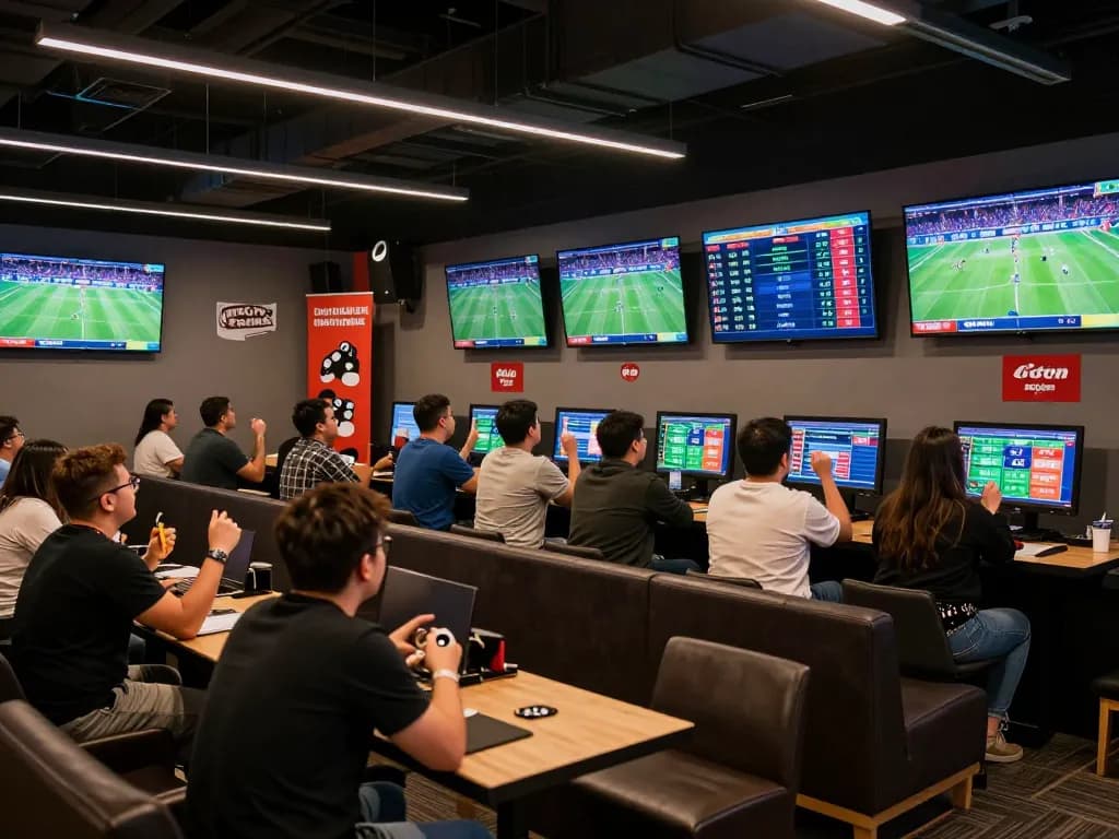 Exciting sports betting atmosphere at USBET with live matches and engaging fans cheering.