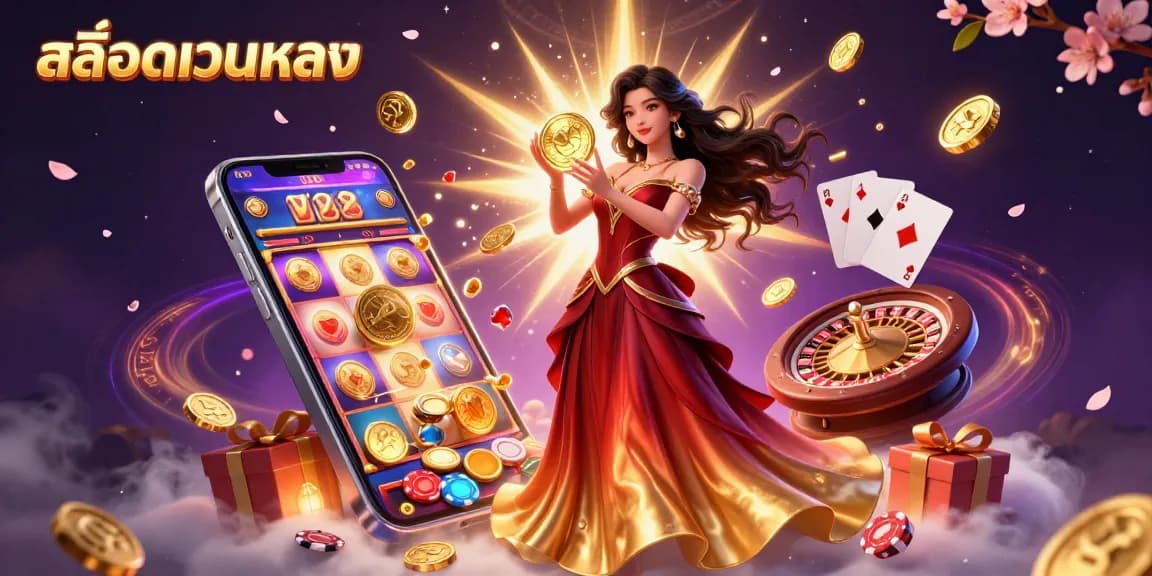 Spin your fortune with สล็อตเว็บตรง, featuring a golden coin and lively slot game imagery that captivates players.