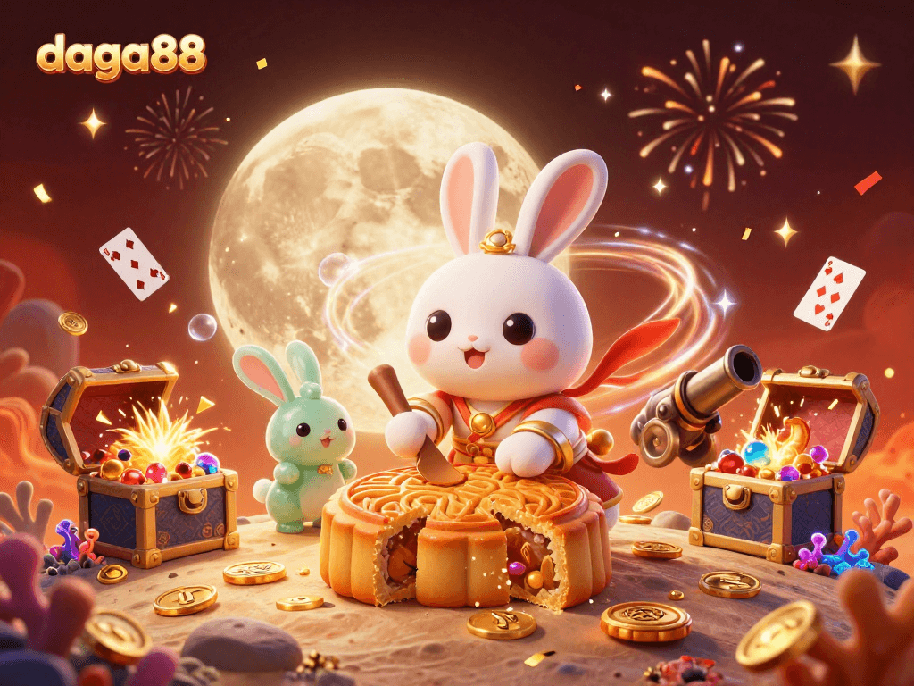 Experience lively gambling action with daga88 as the moon rabbit interacts with poker chips and golden coins.