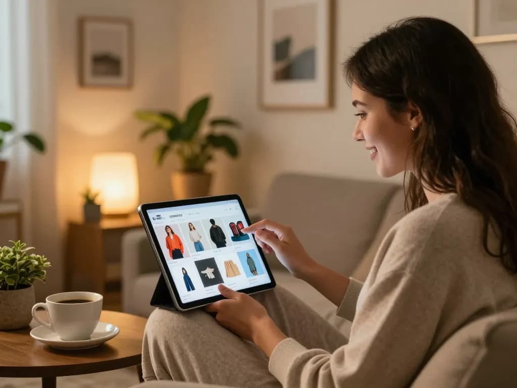Woman using https://hubet88.icu/ to shop online in cozy home setup