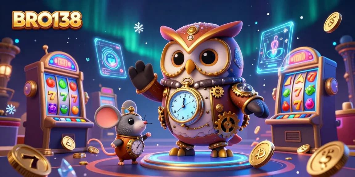 Experience BRO138's vibrant casino world with a time-traveling owl, slot games, and glowing coins.