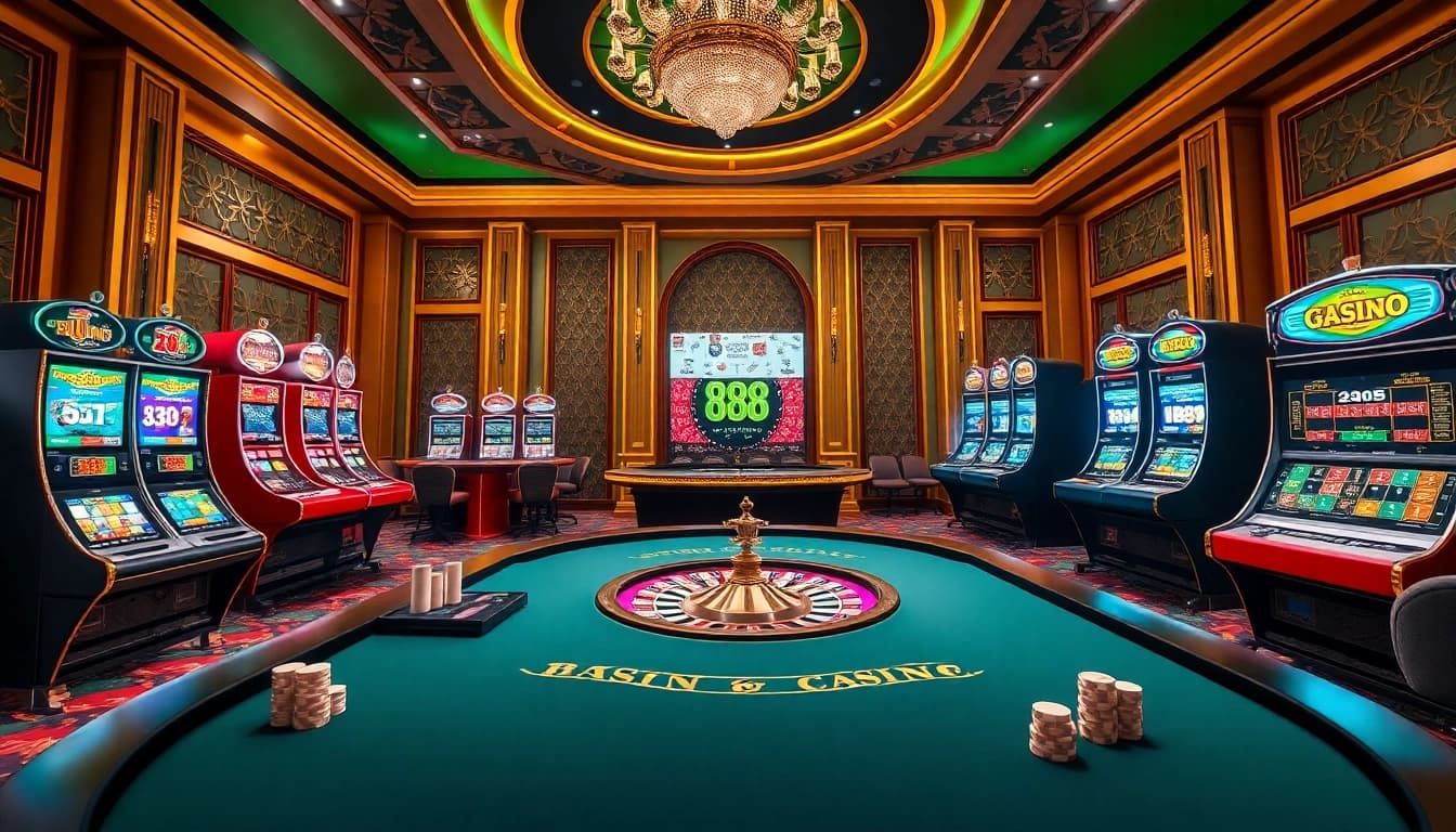 Engage with the thrilling atmosphere of U 888 online casino featuring vibrant slots and a poker table.