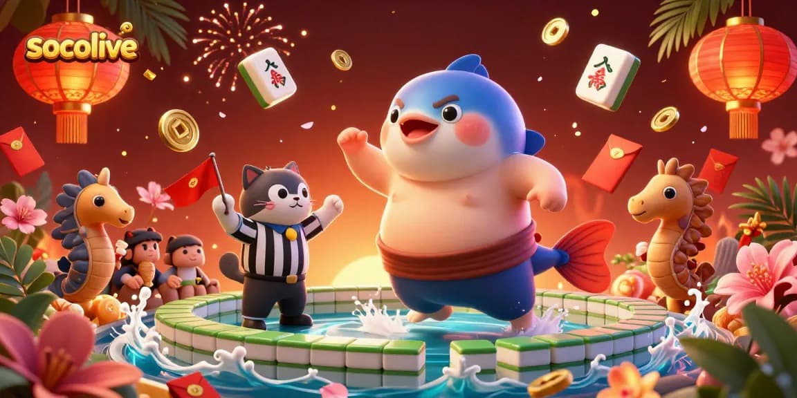 Socolive features a playful fugu in a sumo belt, with vibrant fireworks and floating gold elements, capturing excitement.