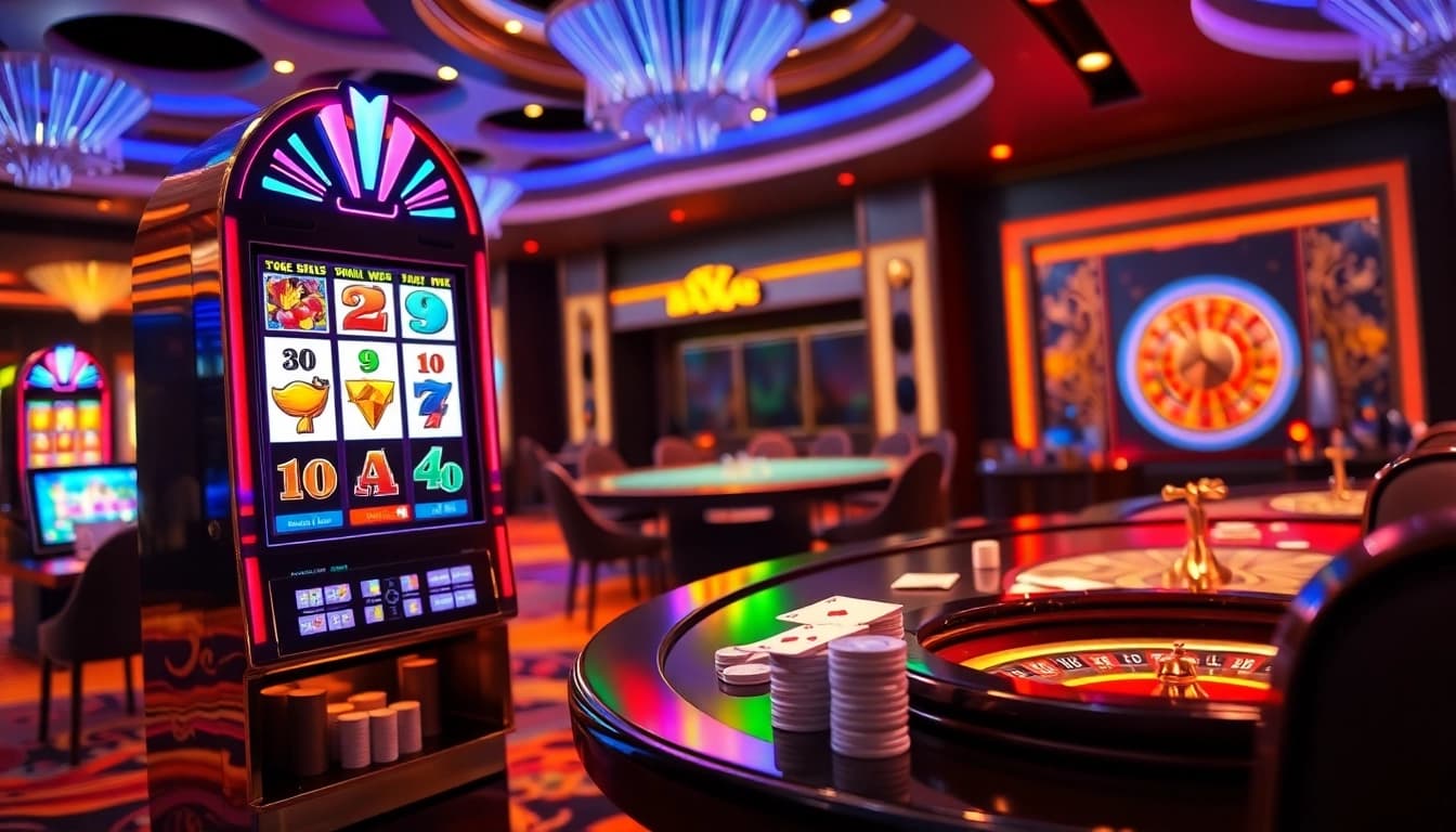 Engaging scene of bk8 สล็อต with vibrant slot machines and casino atmosphere.