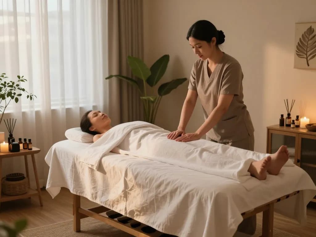 Relaxing Swedish massage therapy room setup with calming ambiance.