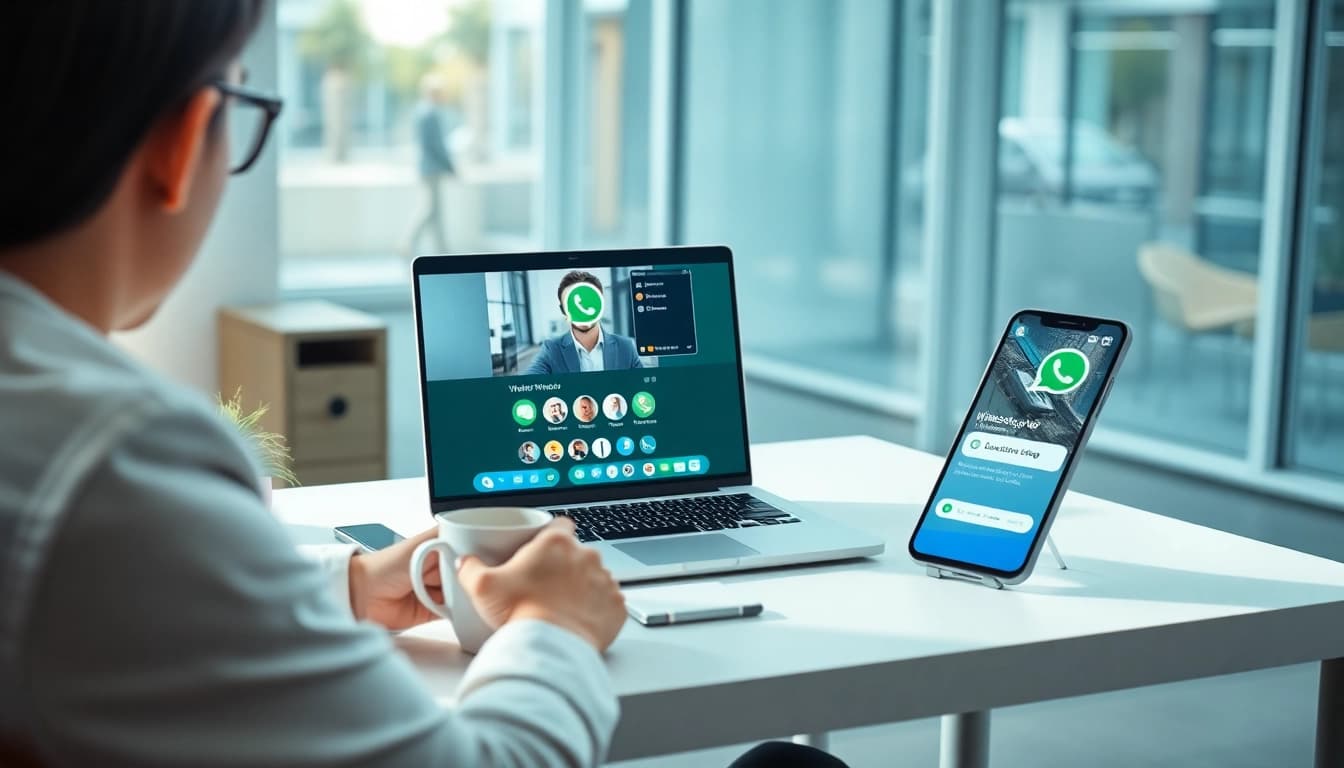 现代办公室中的 WhatsApp Web 界面，突出显示快连官网的功能，如视频通话和位置共享。