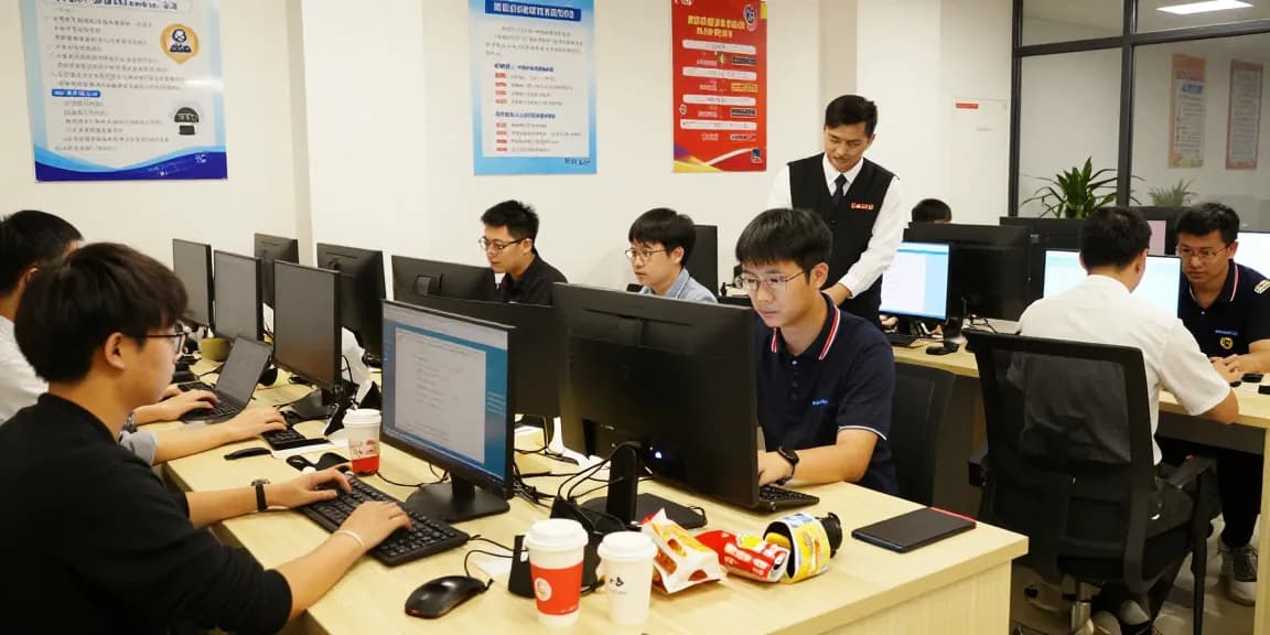 People engaged in secure browsing at https://shs-dome5.com/ in an internet cafe, showcasing cybersecurity awareness.