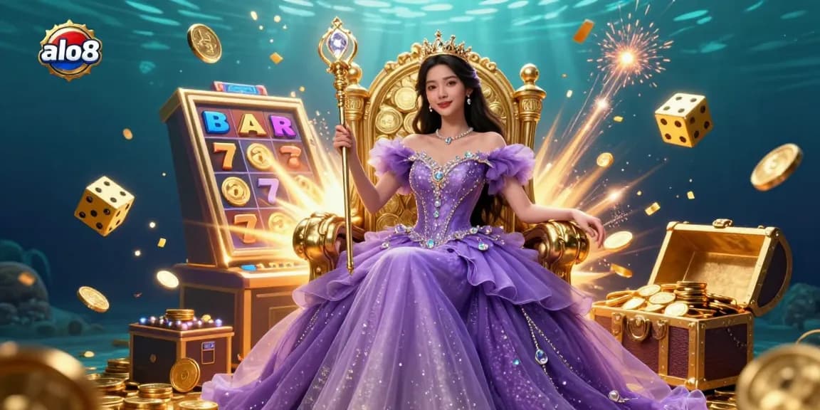 Experience the excitement of alo8 with a vibrant 3D casino scene showcasing a beautiful princess and jackpot elements.