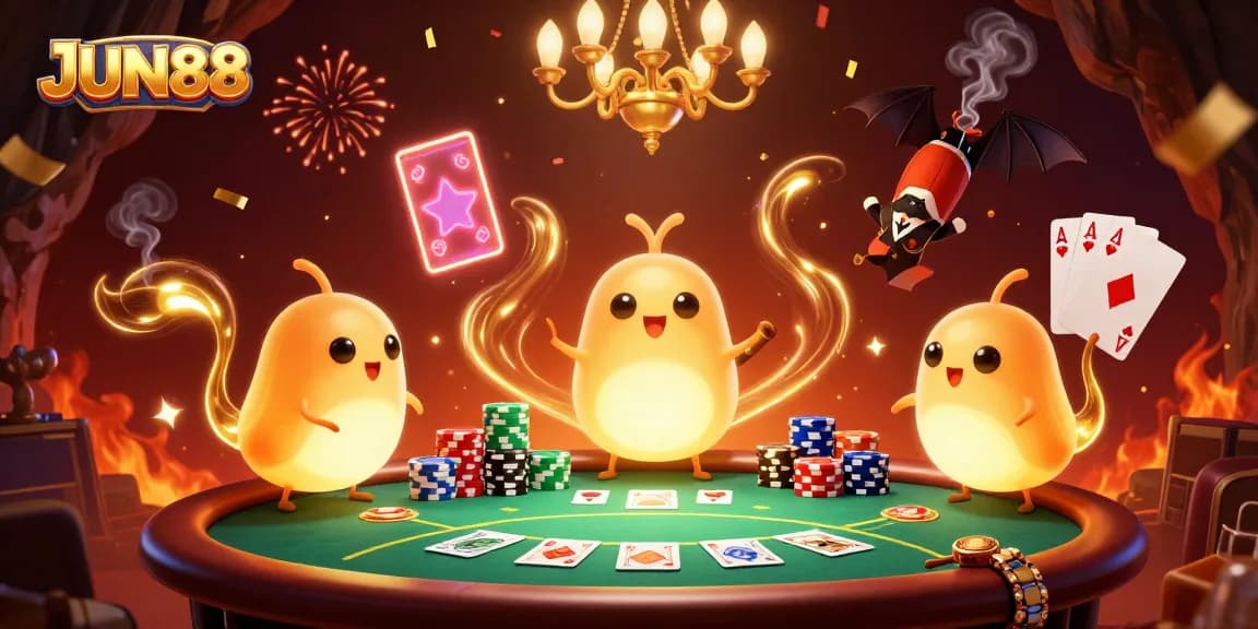 Light up your game at JUN88 with a vibrant casino atmosphere featuring glowing characters.