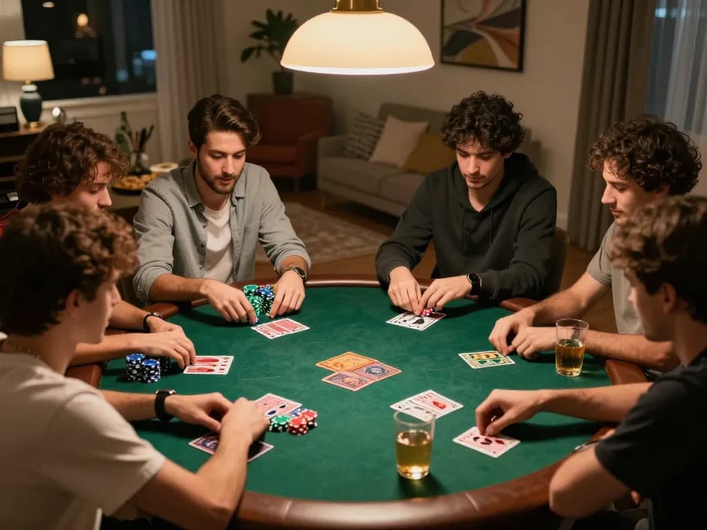 Friends enjoying a competitive poker night at home, showcasing 7hh gaming excitement and social atmosphere.