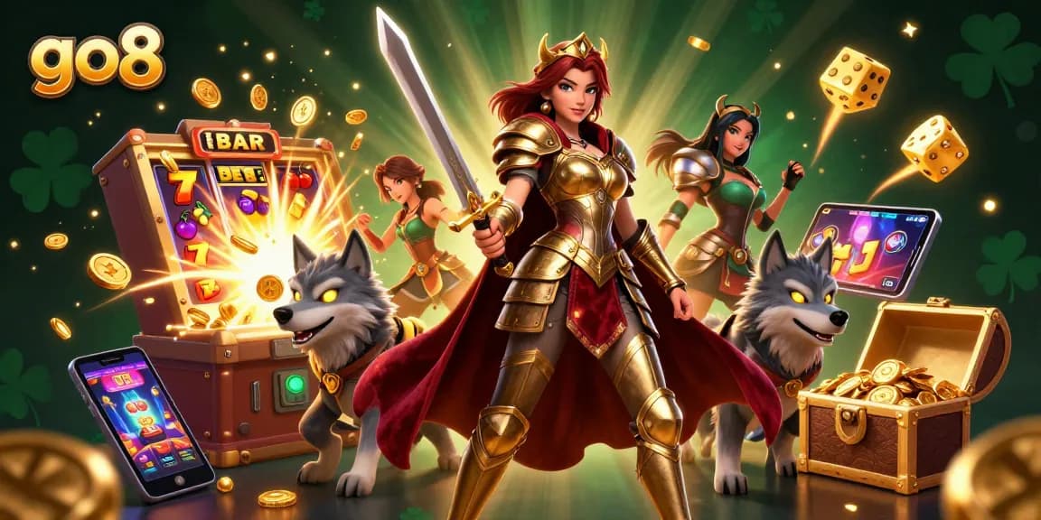 Experience thrilling jackpots at go8 with a warrior queen and her glowing companion amidst vibrant casino elements.