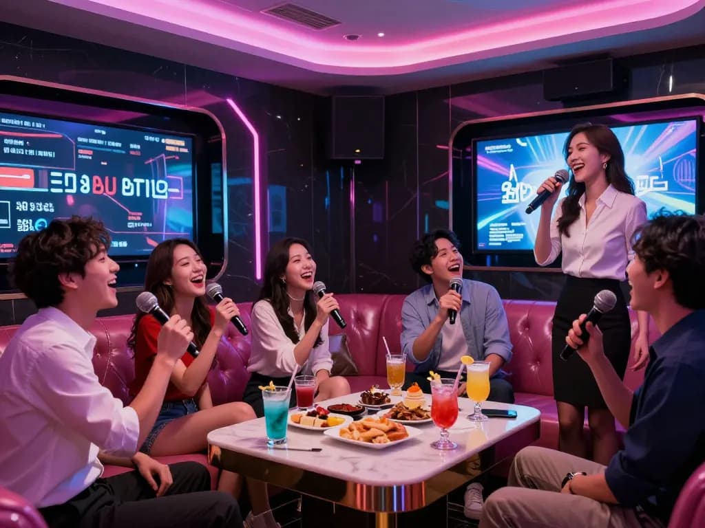 Enjoying a night out at 강남 가라오케 with friends, vibrant environment, and high-end karaoke experience.