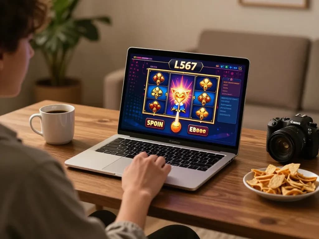 L567 online gaming scene with a player engaged in a vibrant slot game on laptop.