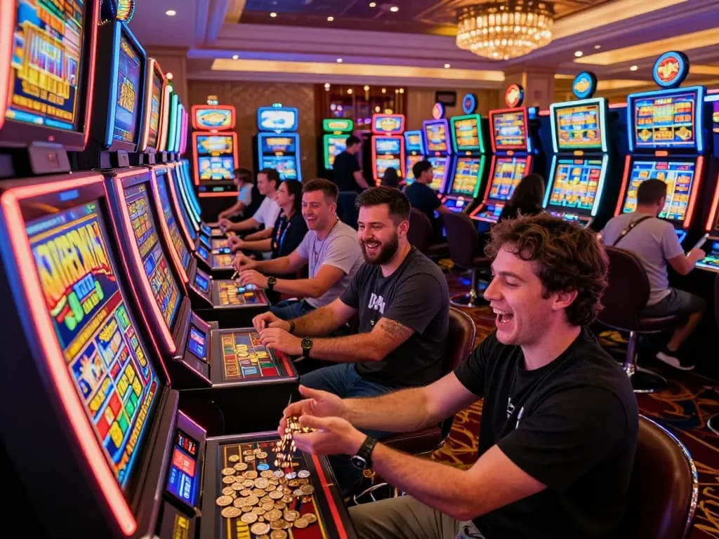 Players experiencing excitement winning coins during a slot bet 200 at a vibrant casino.