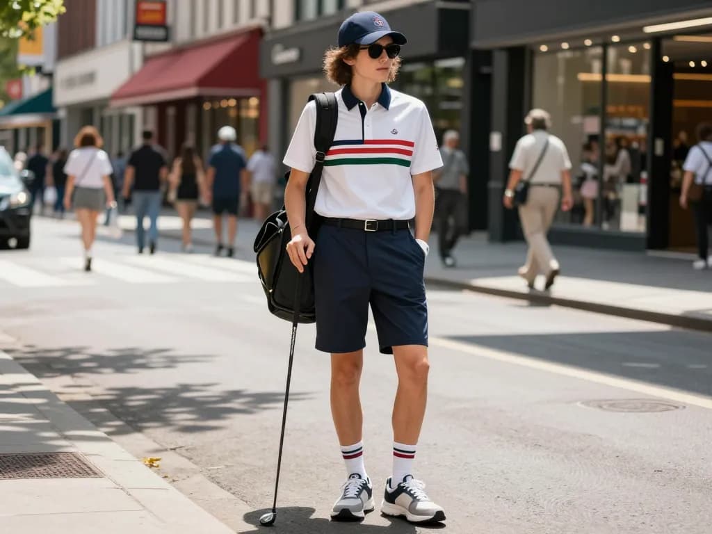Contemporary urban fashion scene featuring a stylish individual in golf apparel, showcasing 골프웨어 레플리카 elegance and lifestyle.