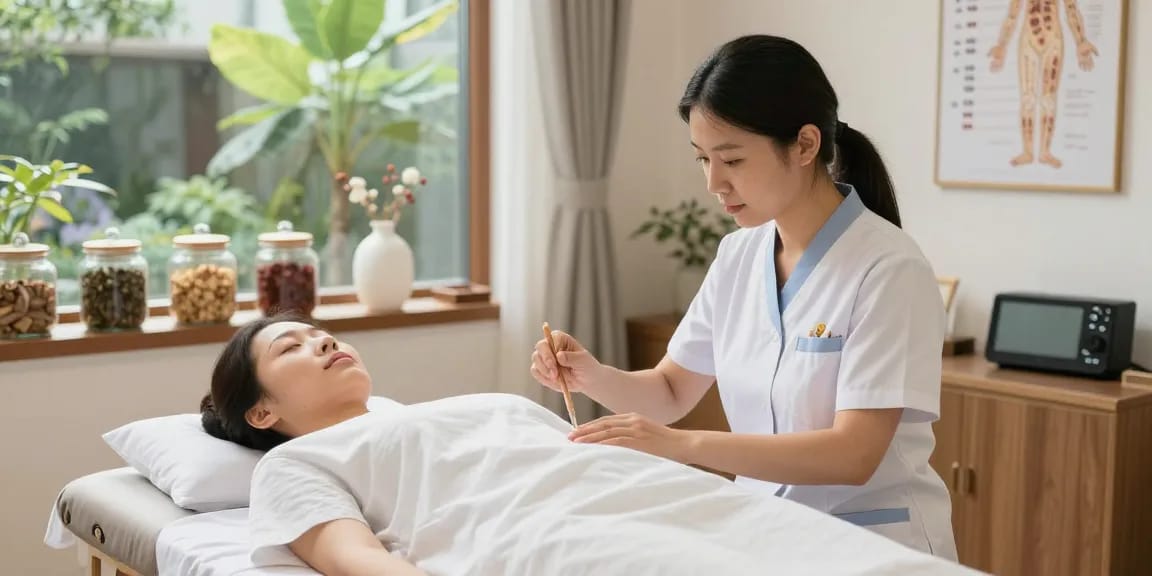 Patient receiving treatment at 영통한의원 in a calming clinic environment.