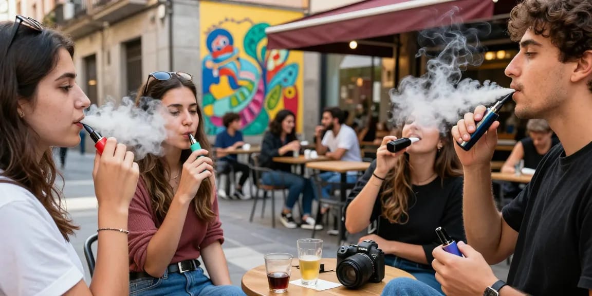 Friends using vapes in Spain's vibrant streets, showcasing stylish disposable vaping culture.
