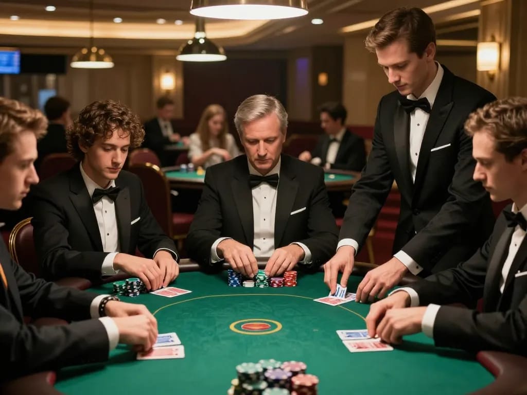 32win players engaged in an intense poker game at a luxurious casino table.
