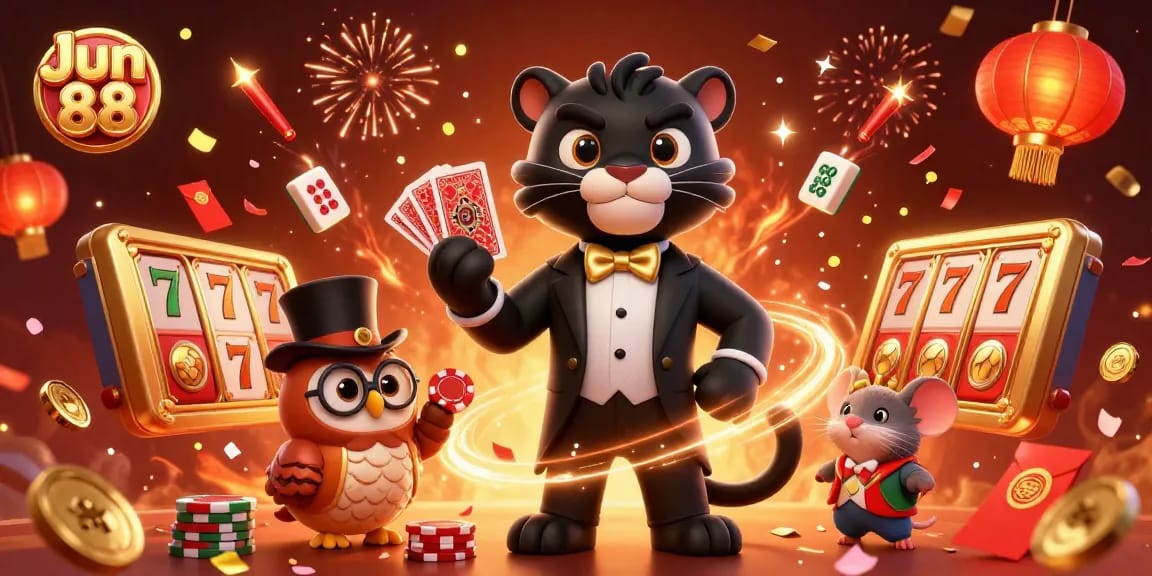 Join the Jun 88 celebration as the panther deals cards amidst glory and excitement in vibrant casino style.