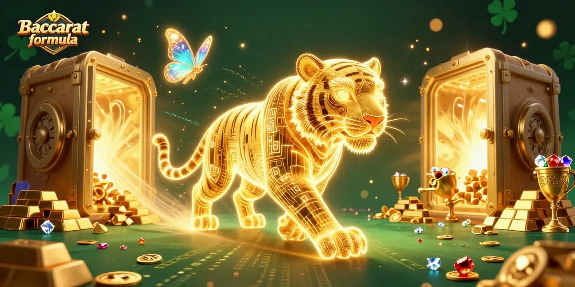 Experience the Baccarat formula with a golden tiger in a vibrant digital casino