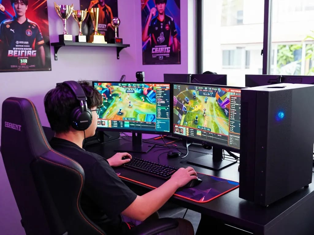 Esports betting Singapore scene with an engaged gamer at dual monitors displaying live odds, enhancing the online betting experience.