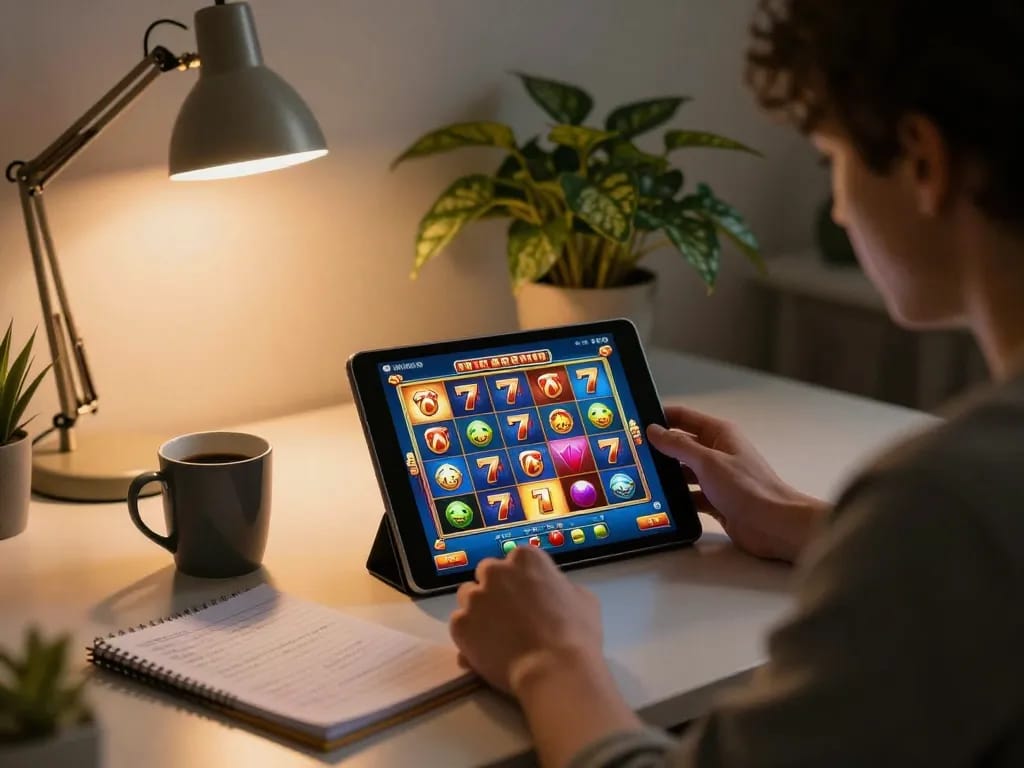 Engaging gameplay on slot 777 tablet where player celebrates a big win in comfortable home setting.