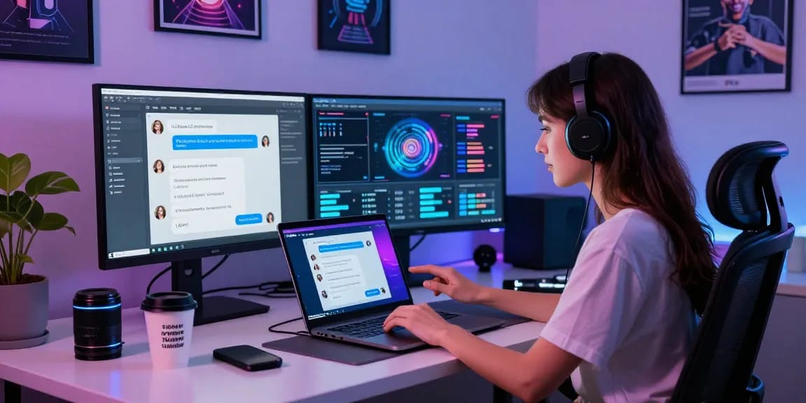 Engaging workspace scene showcasing Crush AI interactions with vibrant chat interfaces and performance analytics.
