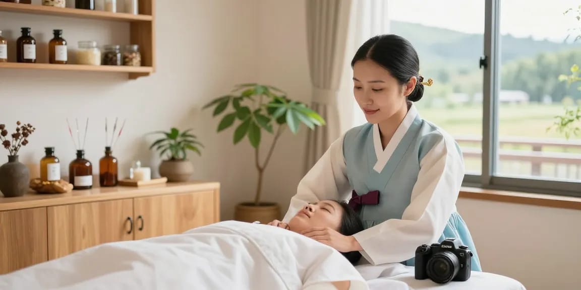 Healing consultation at 수원한의원, showcasing herbal remedies and calm treatment environment.