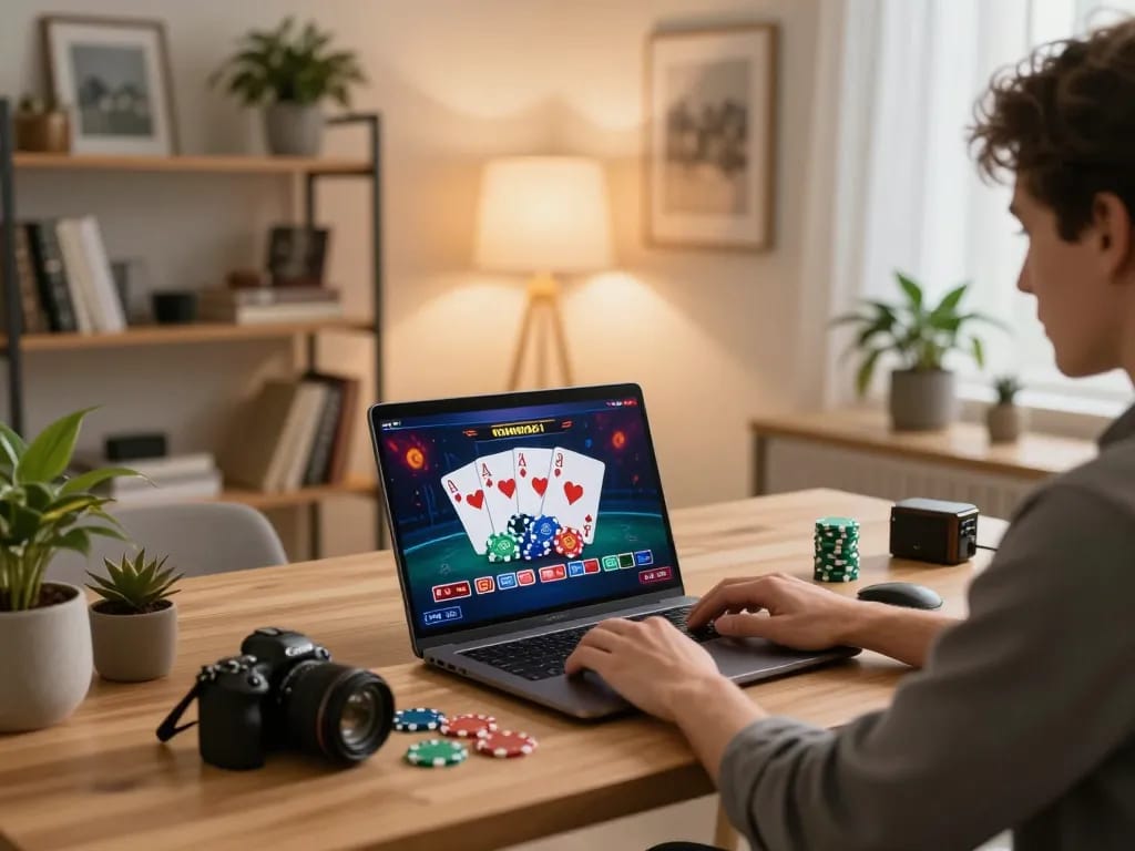 Engaged player strategizing with tr88it on laptop during an online casino session at home.