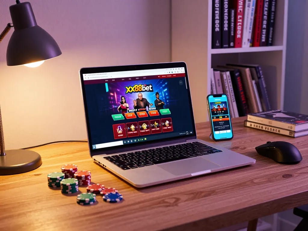 Engaging player using the xx88bet platform on a laptop for an immersive online casino experience.
