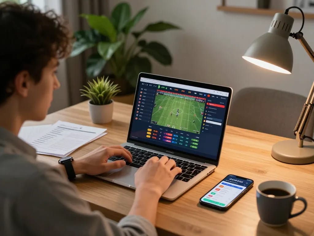 888NEW sports betting interface on a laptop highlighting live odds in a cozy home office setup