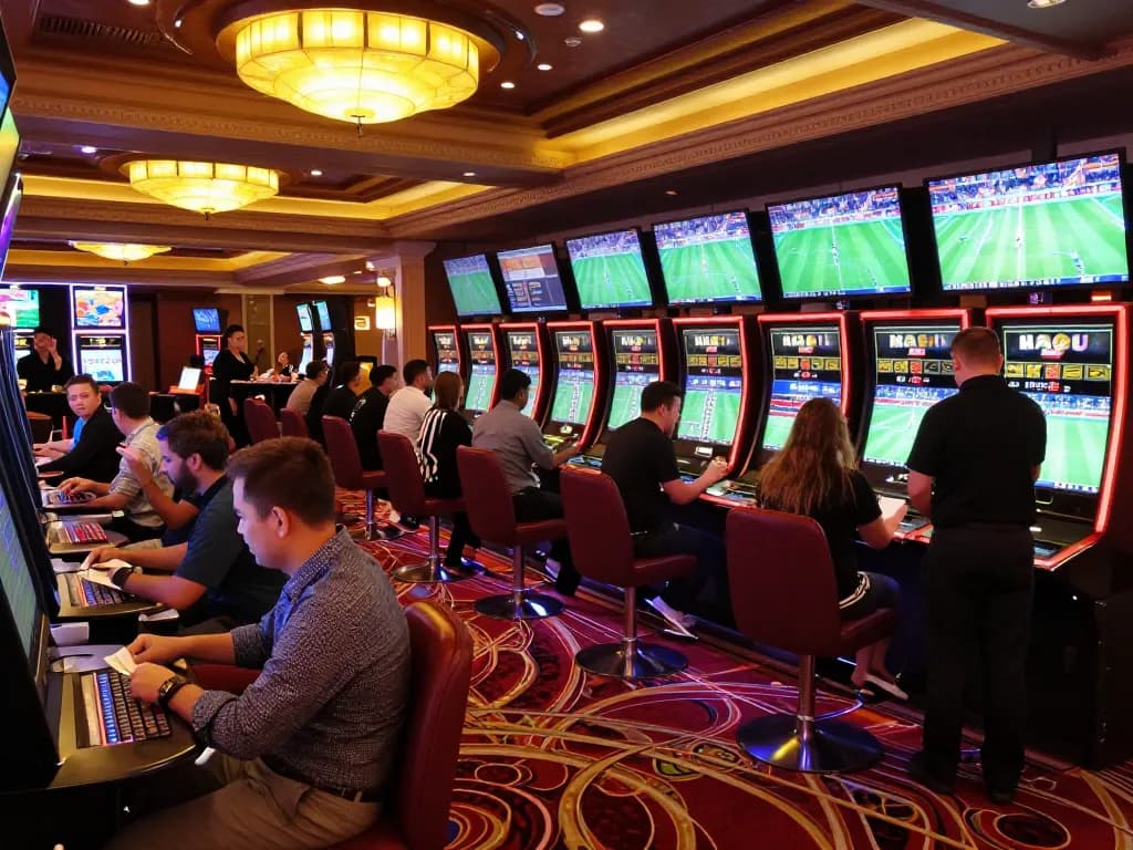 Engaged gamblers analyzing odds at the keonhacai sports betting area in a vibrant casino