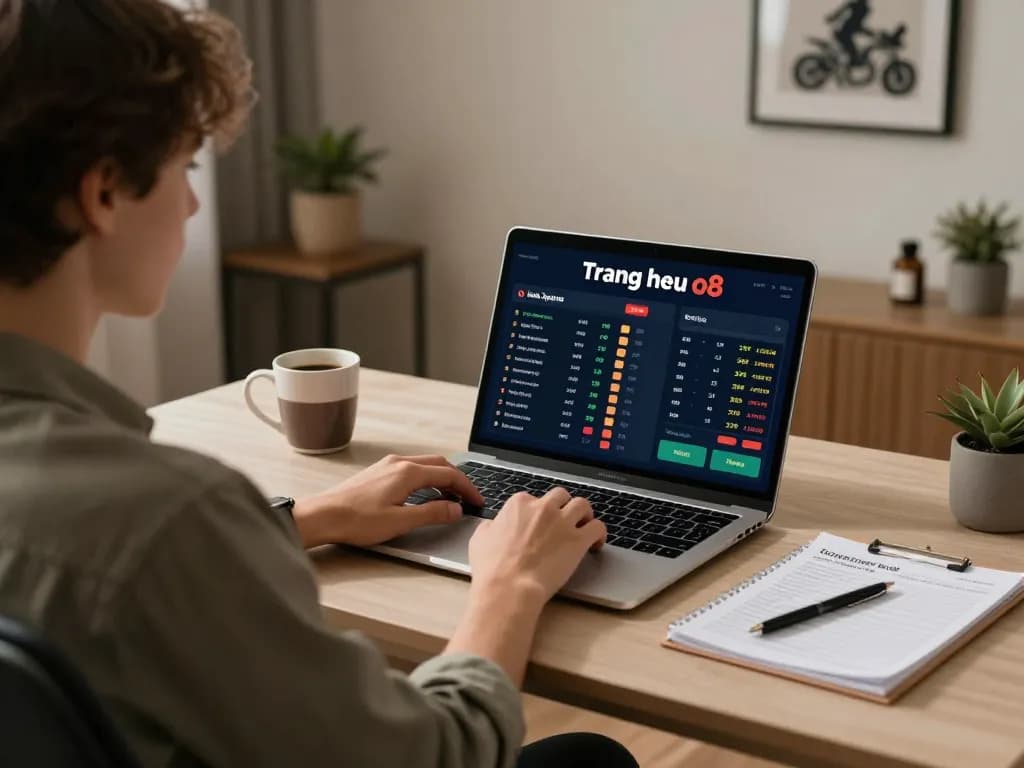 Person engaging in sports betting using trang chủ o8 on laptop at a stylish home office.