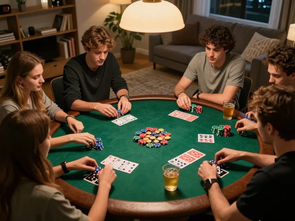 Engaging poker night at home with go8 friends, colorful chips and cards creating a lively atmosphere
