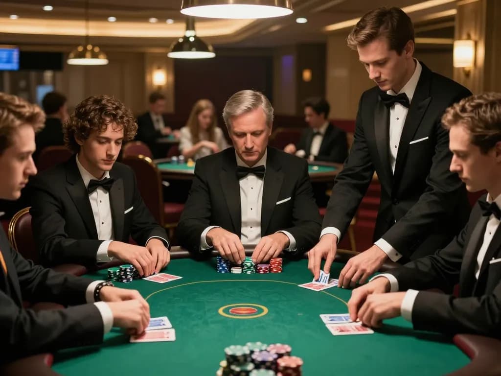 32win players engaged in an intense poker game at a luxurious casino table.