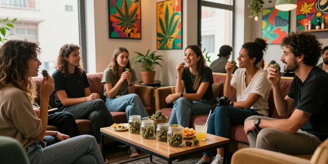 Cannabis Social Club Madrid members enjoying social interaction and cannabis in a vibrant lounge atmosphere.