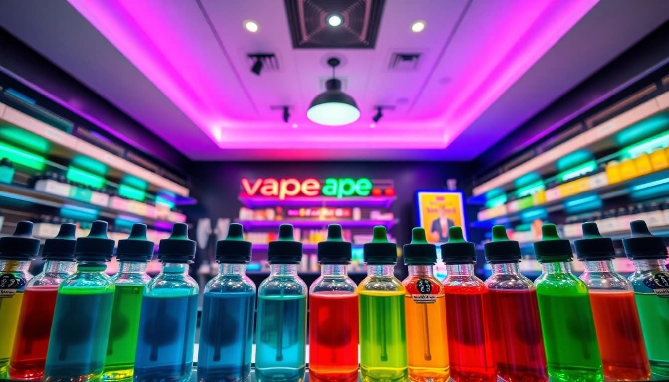 Presenting Vape & E-Liquids in a vibrant vape shop environment with colorful designs.