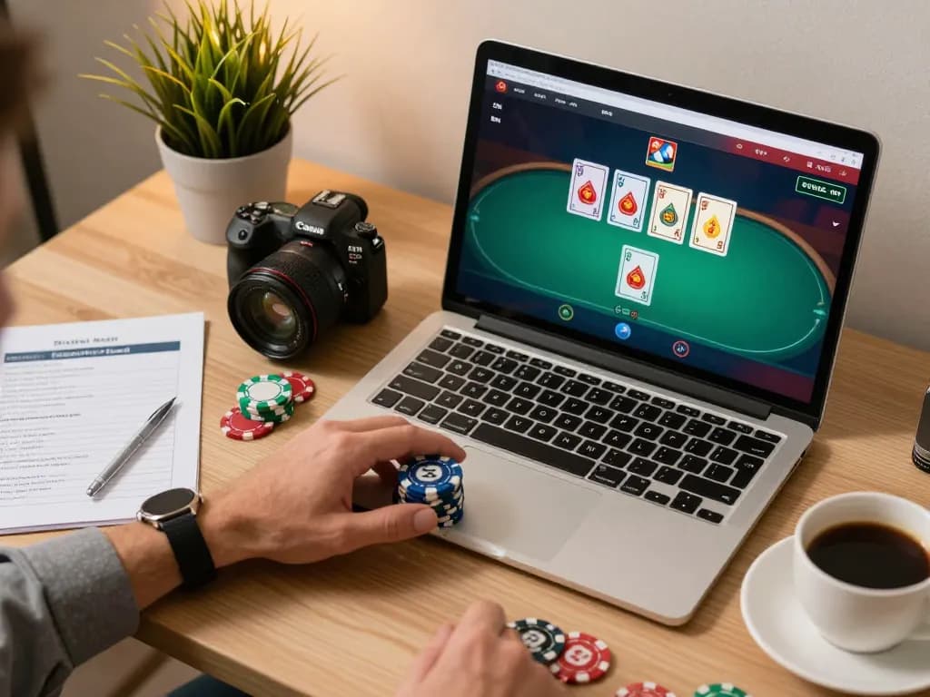 Engage in strategic online poker gameplay with fly88 interface displayed on sleek laptop.